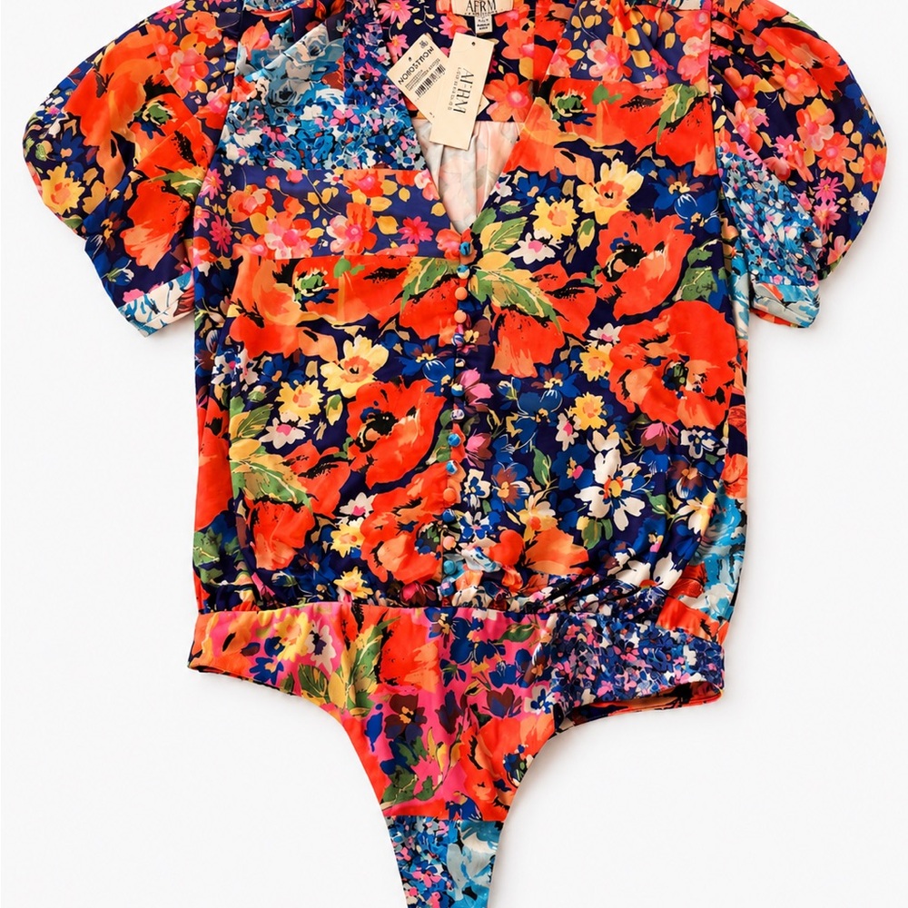 AFRM Floral One-Piece Bodysuit orange, purple, pink, blue